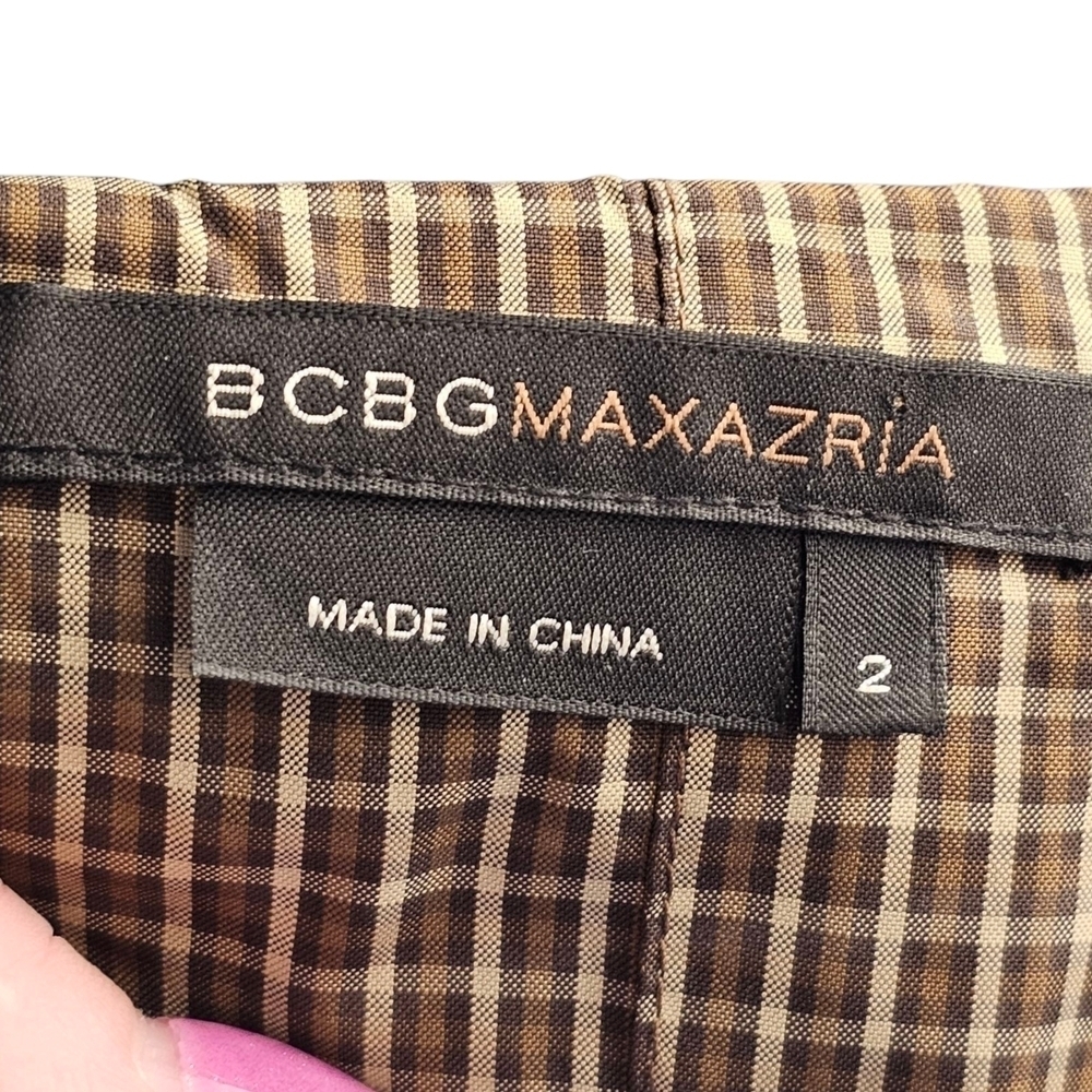 BCBGMaxAzria Brown Strapless Pleated Plaid Cocktail Dress Sz 2 - Picture 7 of 12